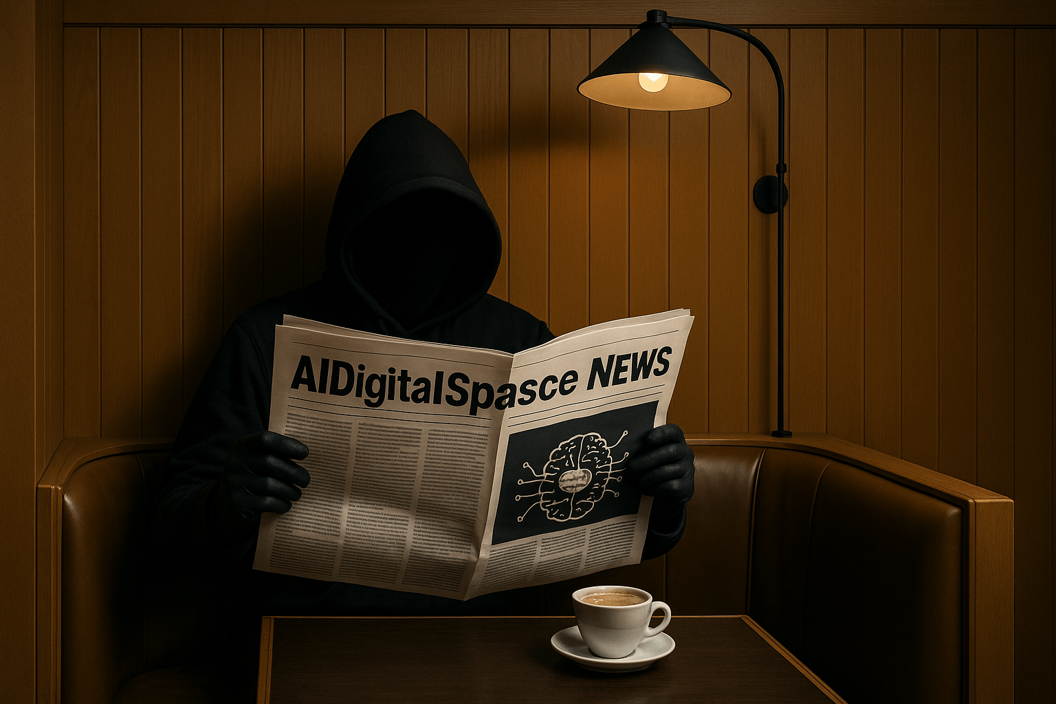 Hooded figure reading an AI news headline in a dim, lantern-lit diner booth