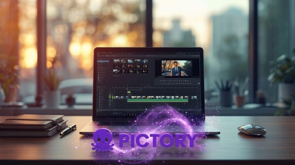 Pictory AI interface dashboard showing how to create professional faceless videos from text in minutes without appearing on camera