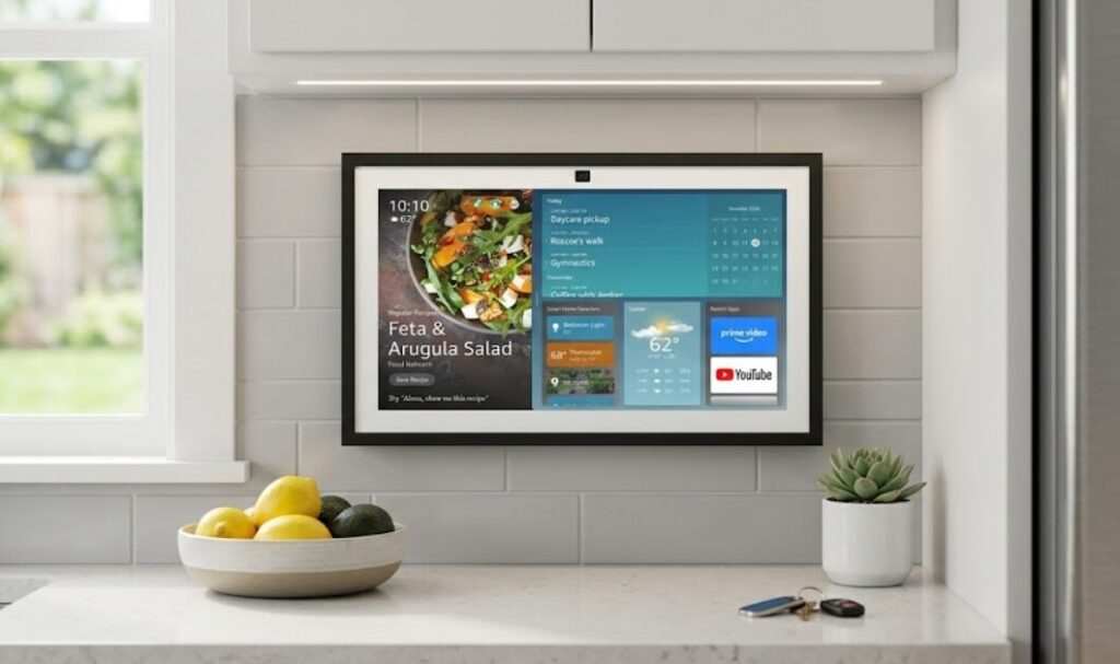 Best AI Amazon gadgets for smart home - Echo Show 15 mounted in kitchen displaying personalized Visual ID widgets and calendar