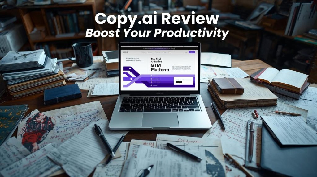 Copy.ai productivity tool review 2025 interface on a laptop