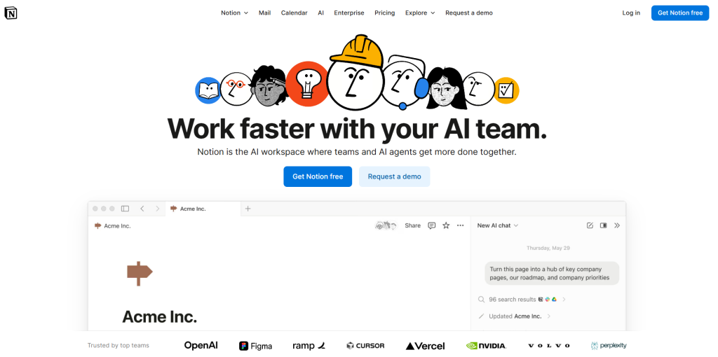 Notion AI dashboard showing note summaries and task planning – one of the best AI tools to boost productivity in 2025
