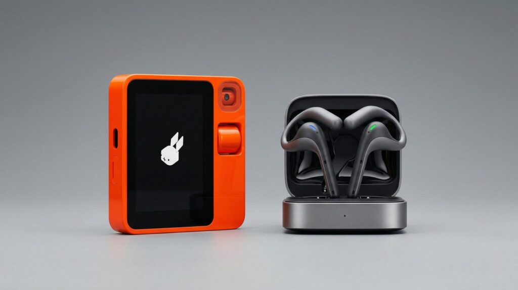 AI assistant device comparison showing Rabbit R1 and Timekettle W4 Pro side by side