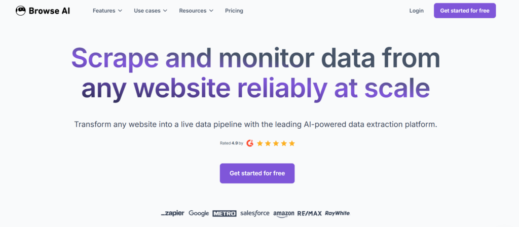 Browse AI no-code web scraping dashboard showing robot creation interface with visual data extraction tools and automation features