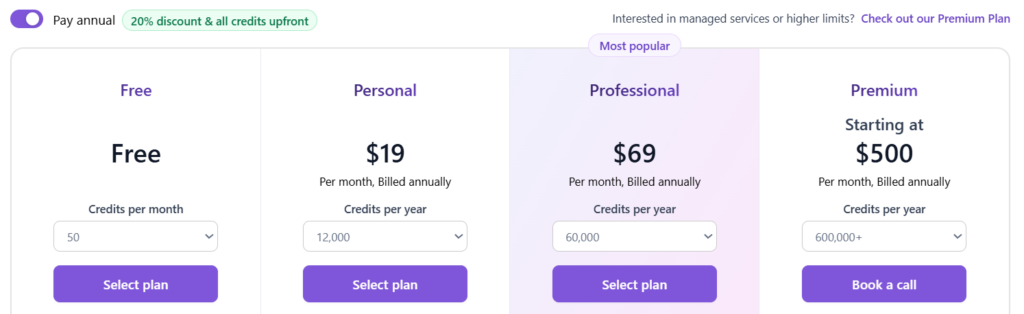 Browse AI pricing plans comparison showing Free, Starter, Professional and Enterprise tiers with monthly credits, features, and cost breakdown for web scraping automation
