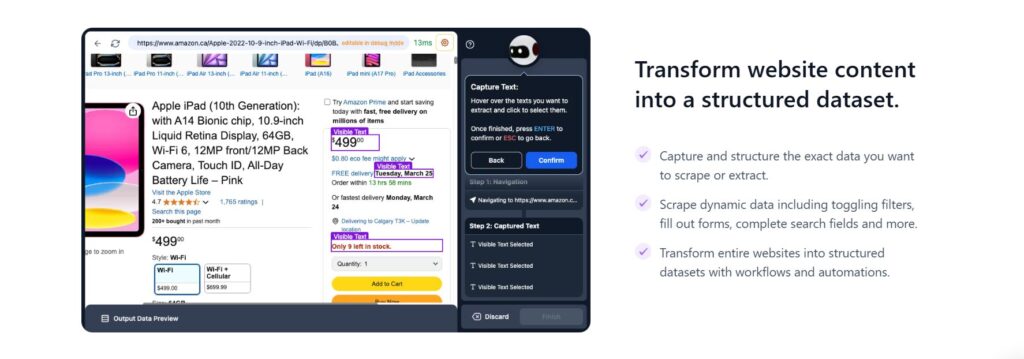 Browse AI no-code web scraping dashboard showing robot creation interface with visual data extraction tools and automation features
