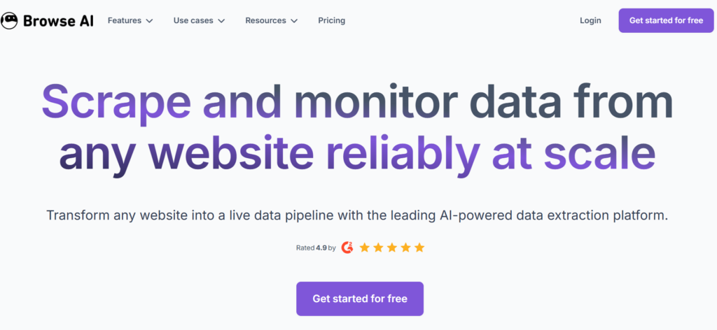Browse AI dashboard showing no-code web scraping features and robot workflow setup.