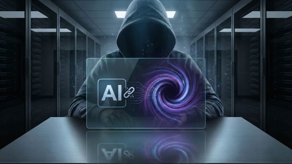 User interacting with a free AI tool while hidden data tracking occurs in the background – ethical AI concern illustration