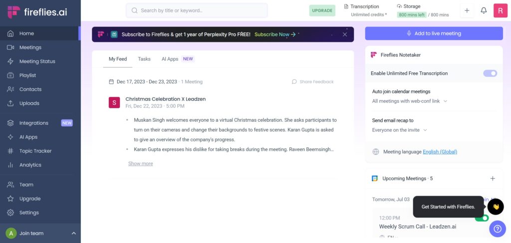 Fireflies.ai dashboard showing AI meeting transcription, automated meeting notes, and summaries inside the AI meeting assistant interface