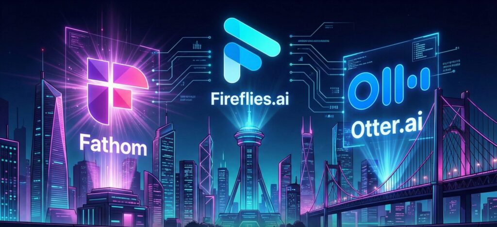 Comparison of Fireflies.ai, Otter.ai, and Fathom as AI meeting assistants, showing tools for AI meeting transcription and meeting notes automation