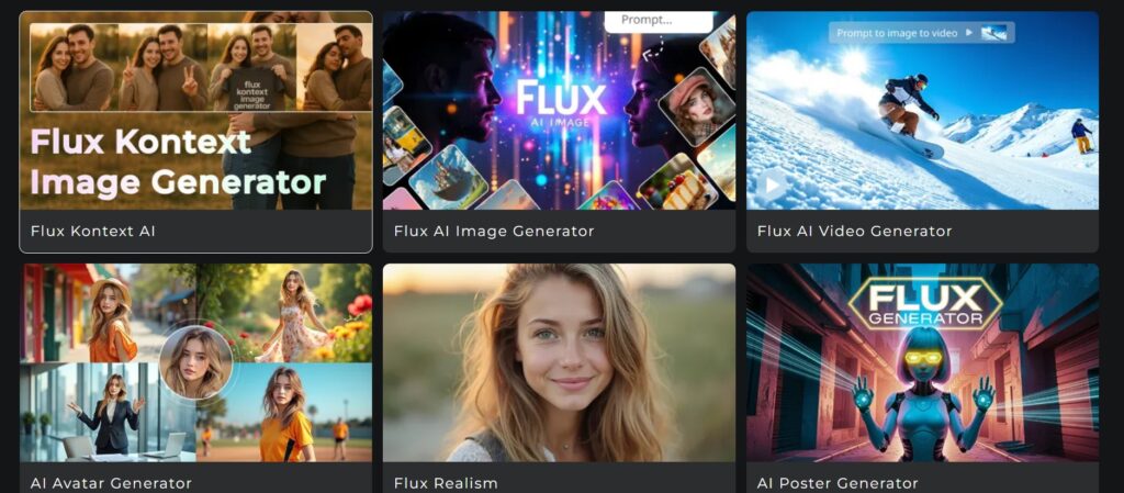 Screenshot of the Flux AI homepage showing text-to-image prompt interface in 2025