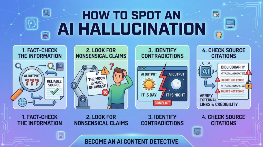 Checklist showing how to detect AI hallucinations using verification red flags