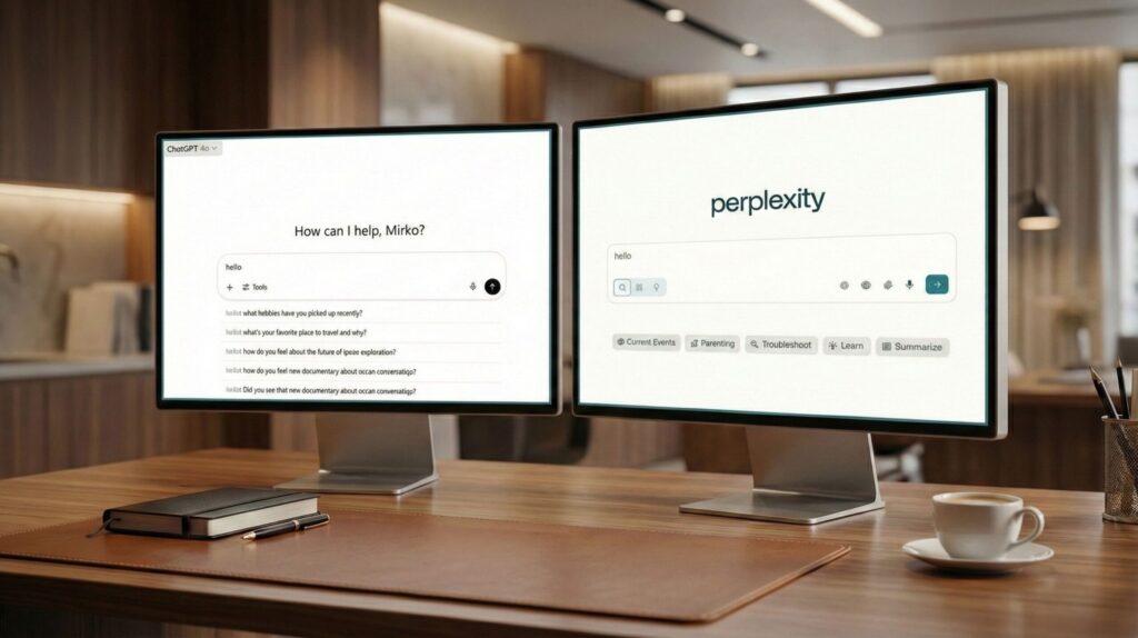 Perplexity vs ChatGPT comparison – Perplexity AI dashboard showing citations and real-time answers