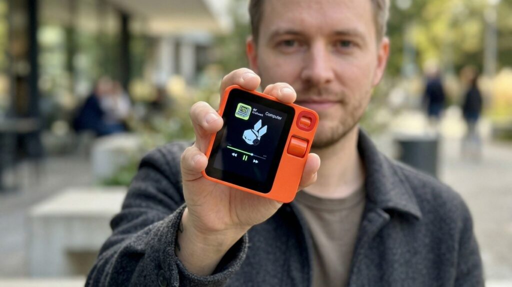 Rabbit R1 AI assistant device showing touchscreen interface and scroll wheel controls