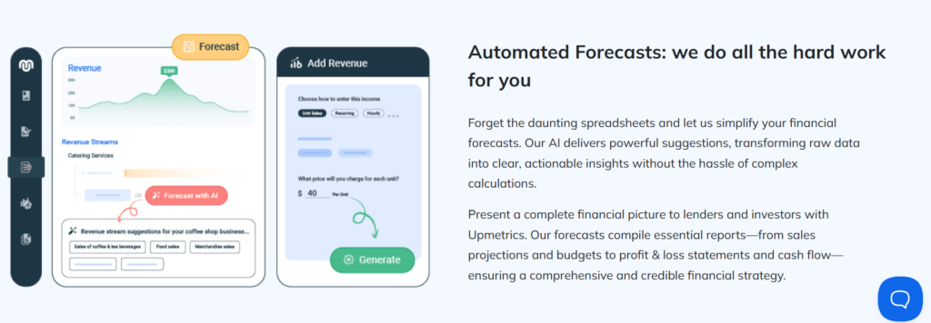 Upmetrics AI financial forecasting tools showing revenue projections, P&L statements, and cash flow analysis