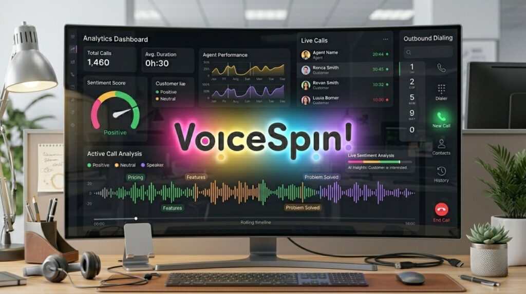 VoiceSpin AI review interface showing predictive dialer and sales call automation dashboard