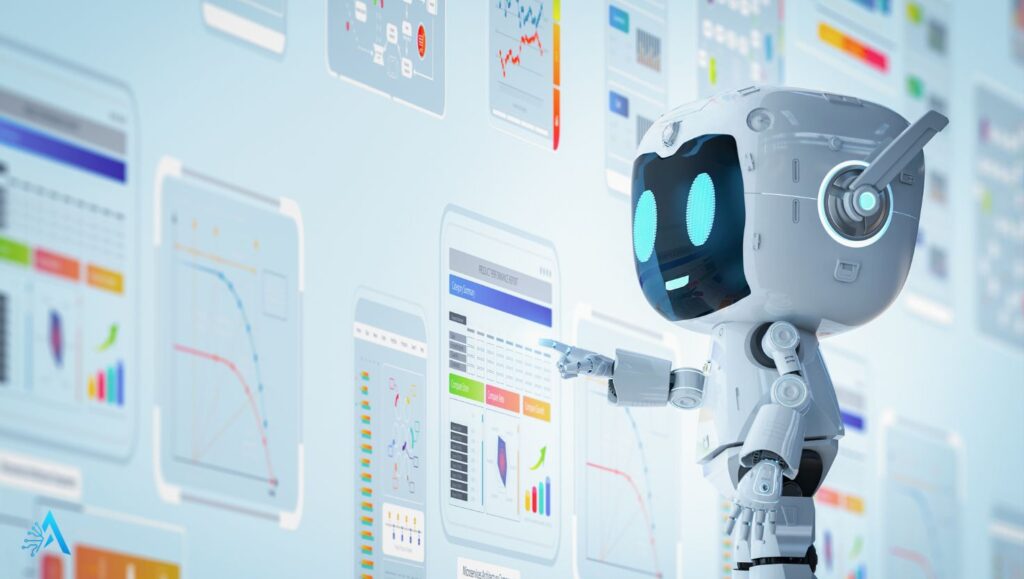 Illustration of an AI robot interacting with adaptive user interfaces, showcasing dark UI patterns in AI apps