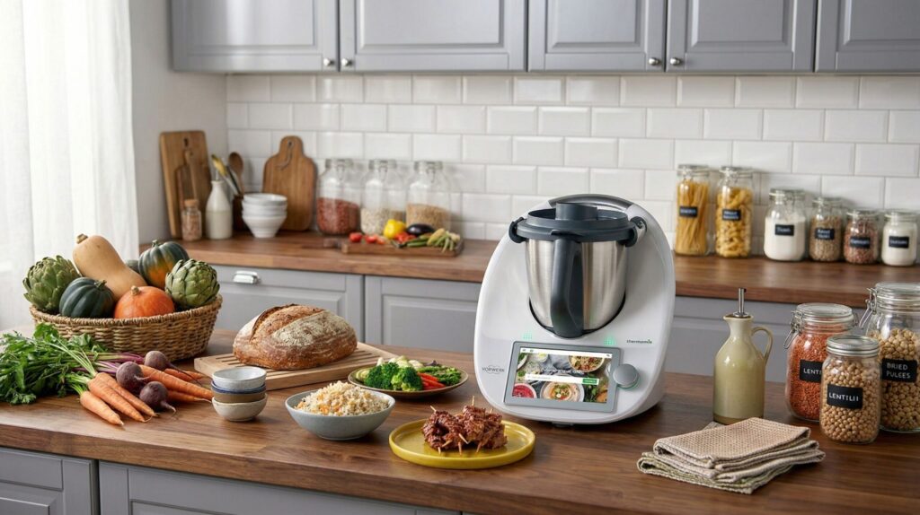 AI kitchen helpers cooking robot preparing meal in modern smart kitchen with touchscreen recipe planner