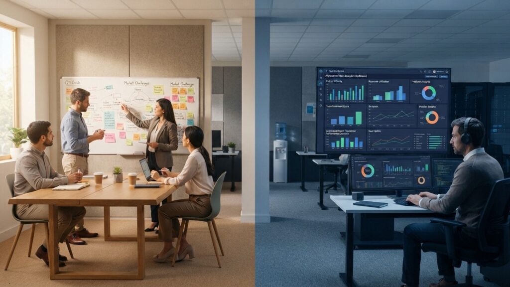 AI replacing managers concept showing traditional management versus AI-powered workplace automation