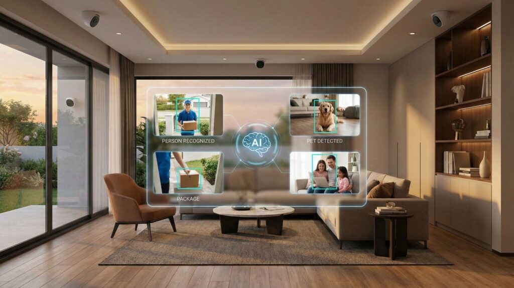 AI security camera mounted on a wall with person-detection zones highlighted
