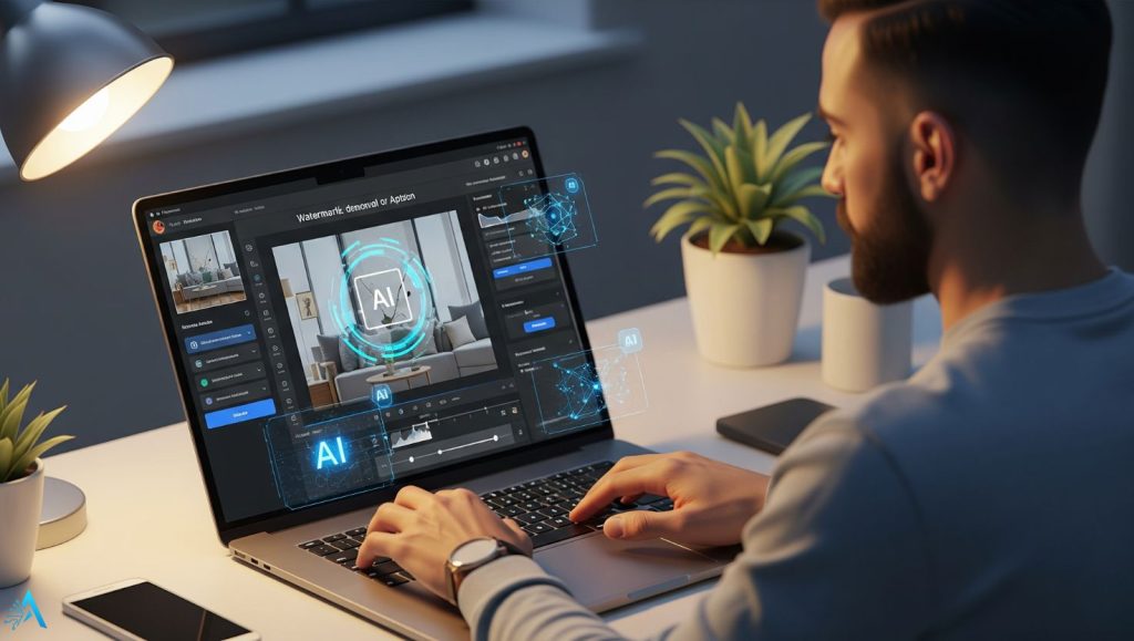 Man using AI watermark tool on laptop – 2025 interface showing watermark detection with artificial intelligence