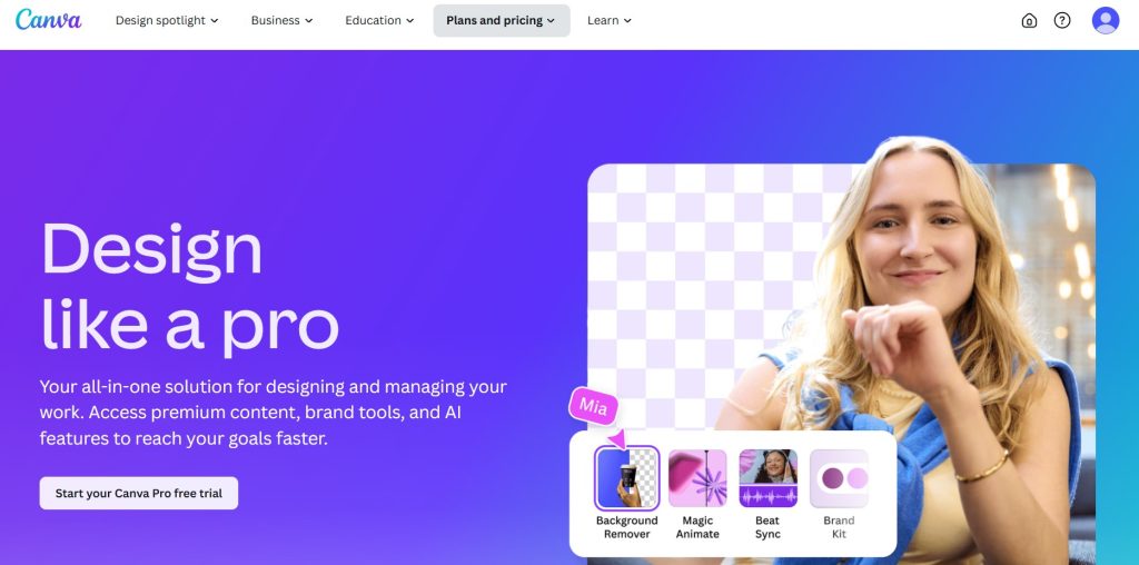 Screenshot of Canva Pro interface showing AI-powered design tools and watermark branding features in 2025