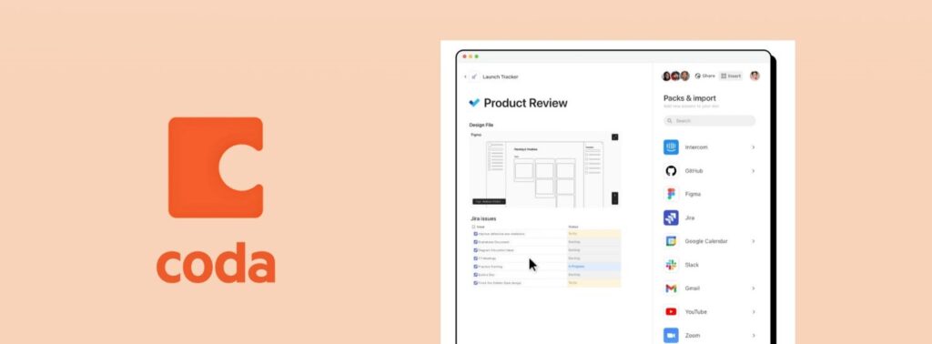 Coda AI workspace dashboard, an all-in-one AI tool with smart tables and automations