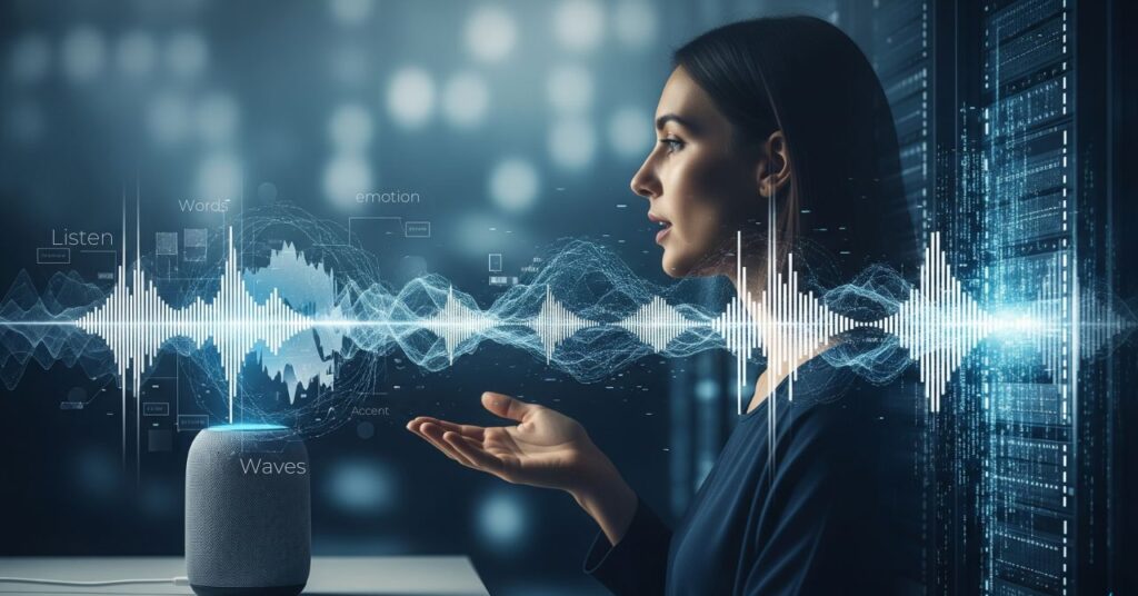 Woman speaking to a smart assistant, highlighting ethical AI and voice privacy concerns