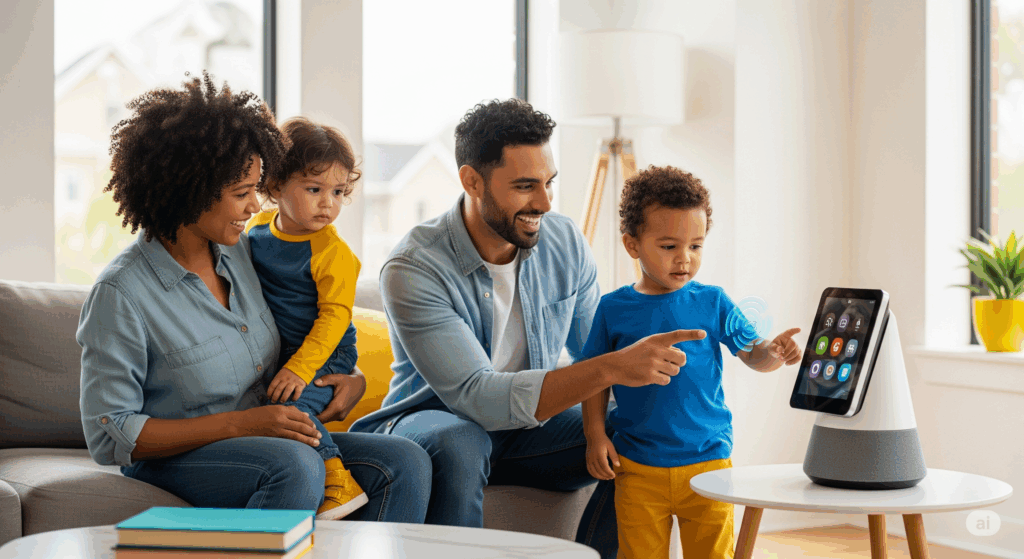 Family talking to smart home assistants in a connected living room