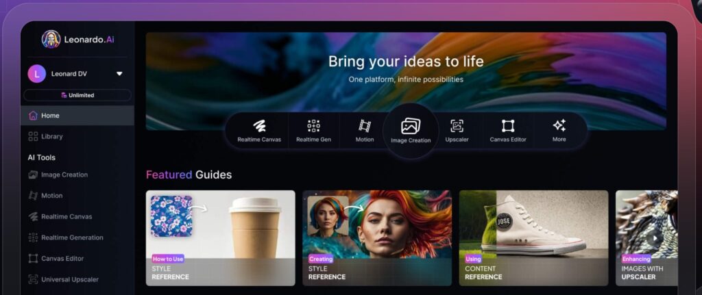 Leonardo AI free AI image generator dashboard with the daily token balance and model selection