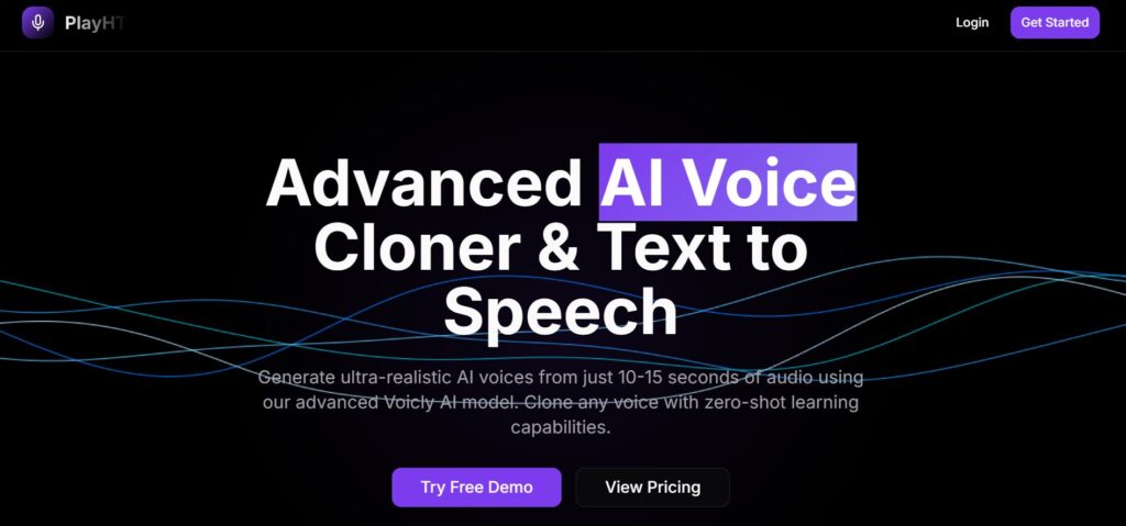 PlayHT AI voice generator homepage with ultra-realistic text-to-speech interface