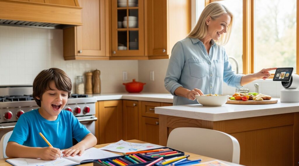Woman using Smart Home AI Camera in kitchen while child studies nearby – 2025 family setup