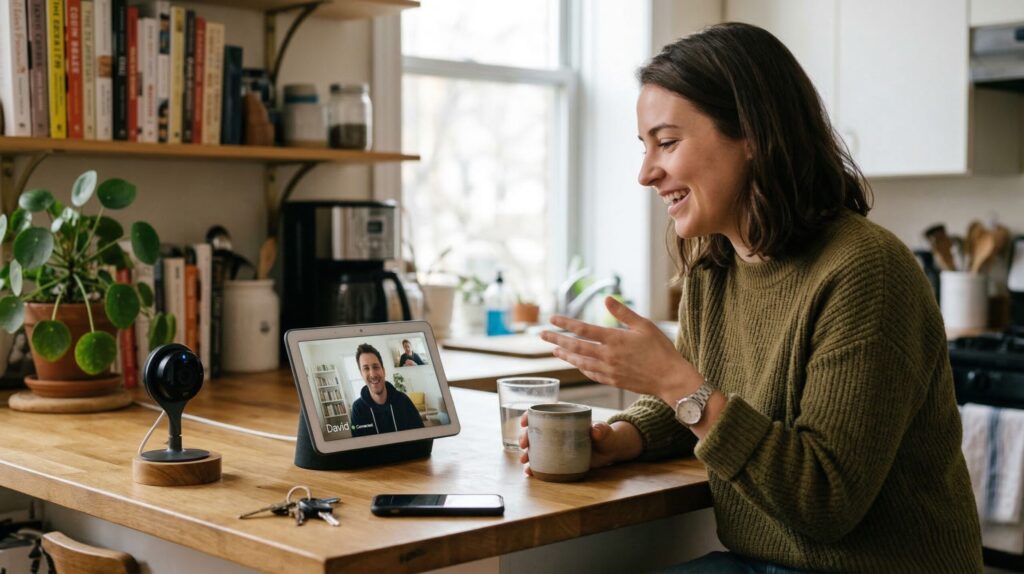 Smart Home AI Camera mounted on wall monitoring living room with detection zones highlighted