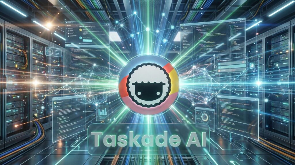 Taskade AI digital workspace interface with mind maps and team task boards in a modern tech setting (2025)