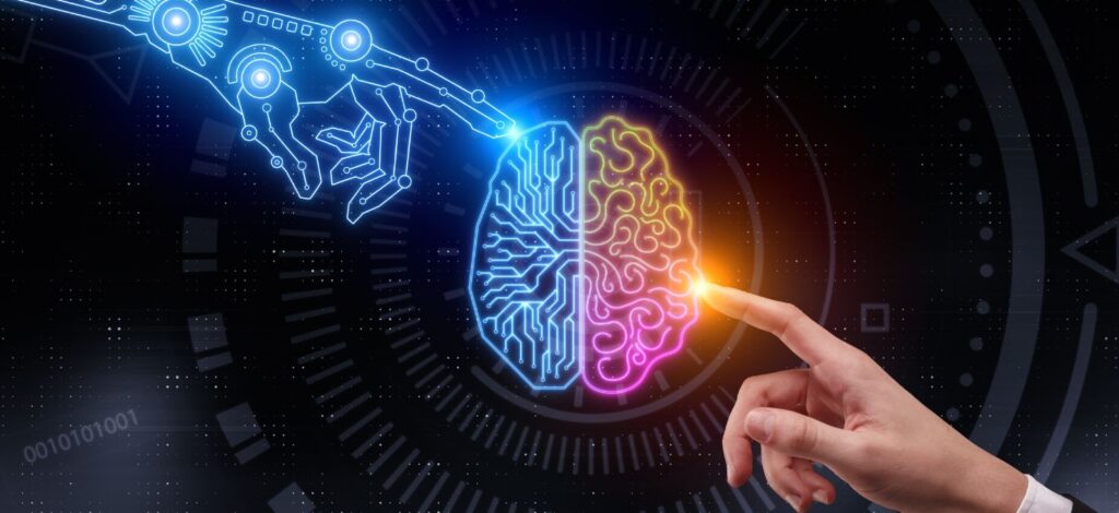 AI and human brain connection symbolizing how AI tools support neurodivergent users through technology and personalization