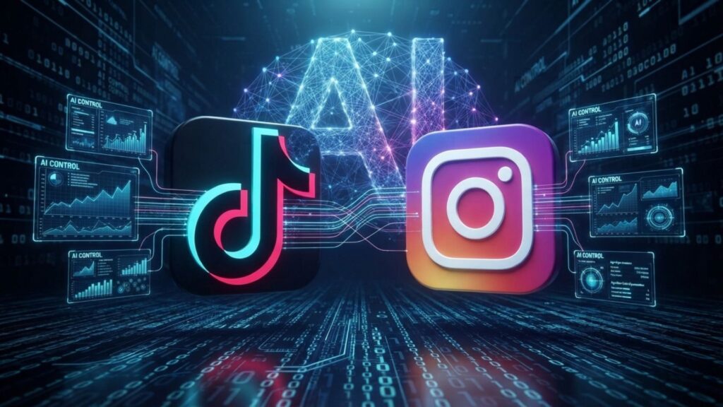 Illustration of TikTok and Instagram AI collecting behavioral data like watch time and scroll speed
