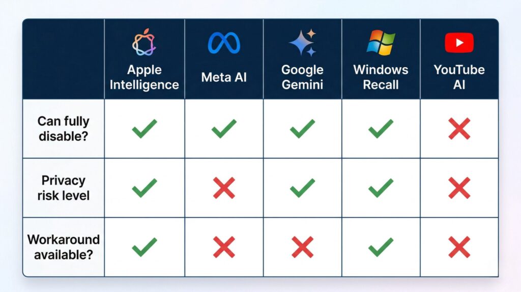Comparison chart showing which AI features can be fully disabled across different platforms in 2026