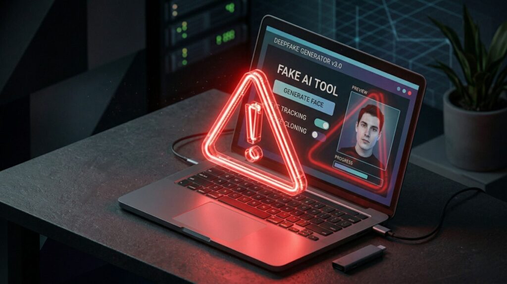 Warning sign for AI tool scams — red flags to spot fake AI tools before signing up