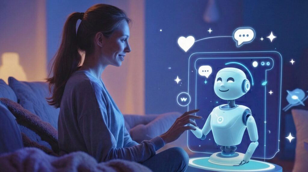A person chatting with one of the best AI companions on a phone in a cozy room
