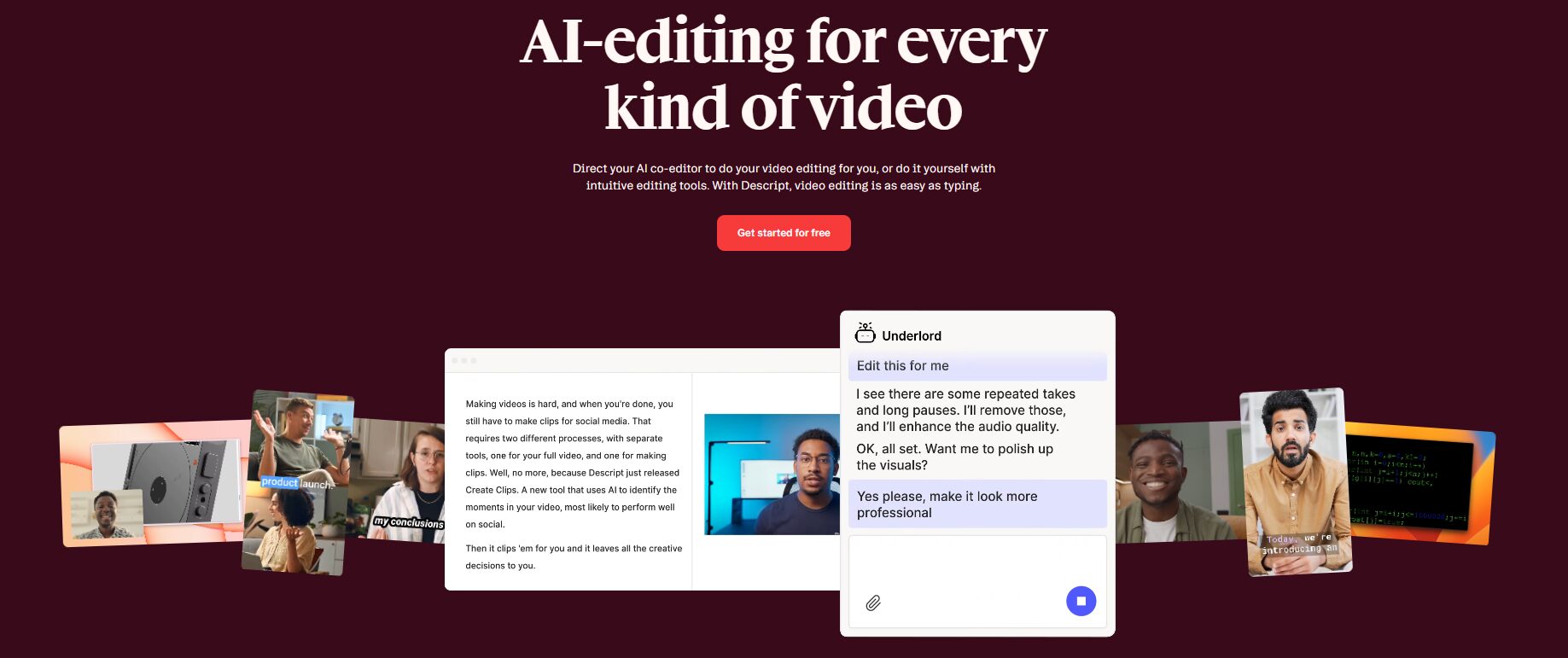 Descript's text-based video editor interface — the transcript panel you use to edit YouTube videos in Descript