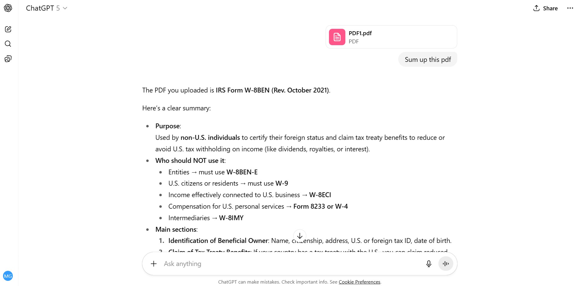 Humata AI vs ChatGPT screenshot showing ChatGPT summarizing an uploaded PDF