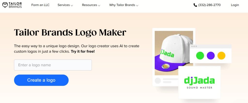 Tailor Brands AI logo creator complete brand kit showing matching logos, business cards, and social media templates in one package