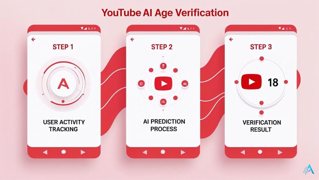 YouTube AI age verification process diagram showing steps from tracking to result