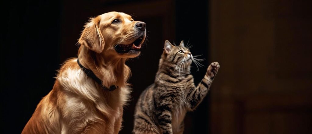 Golden retriever and tabby cat together representing AI pet gadgets ethics and responsible technology use