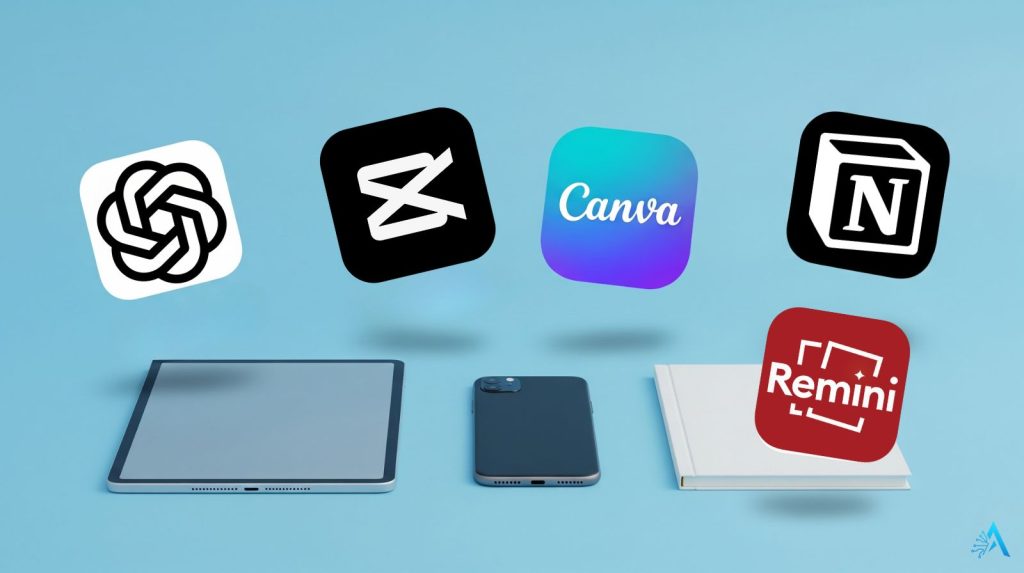 AI tools for influencers overview with icons of ChatGPT, CapCut, Canva, Notion and Remini