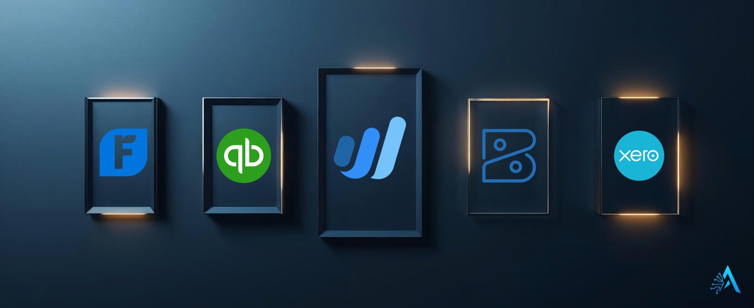 Logos of FreshBooks, Zoho Books, QuickBooks, Wave, and Xero compared side by side,AI tools for small business finance
