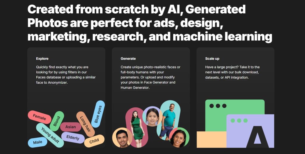 Screenshot of Generated Photos interface showing AI headshots for LinkedIn being generated with customizable options like age and expression.