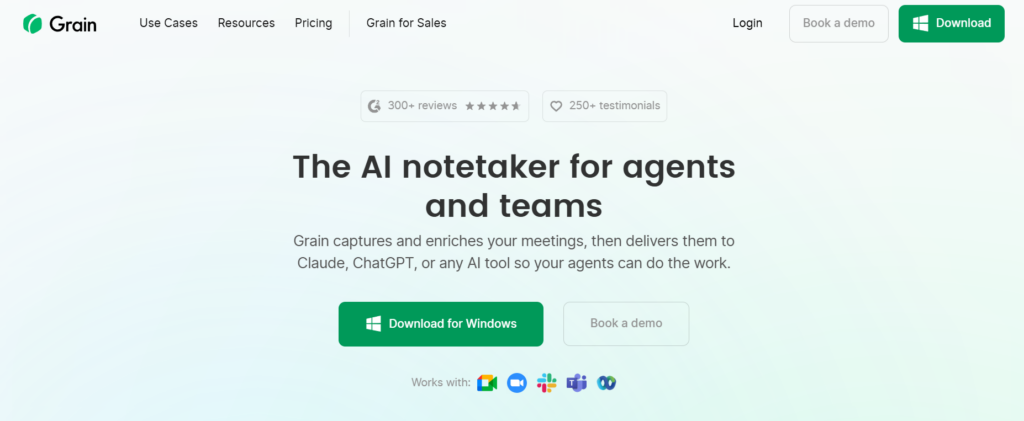 Grain homepage featuring AI tools for meeting productivity focused on sales teams with auto-generated video clips, deal insights, and coaching analytics dashboard