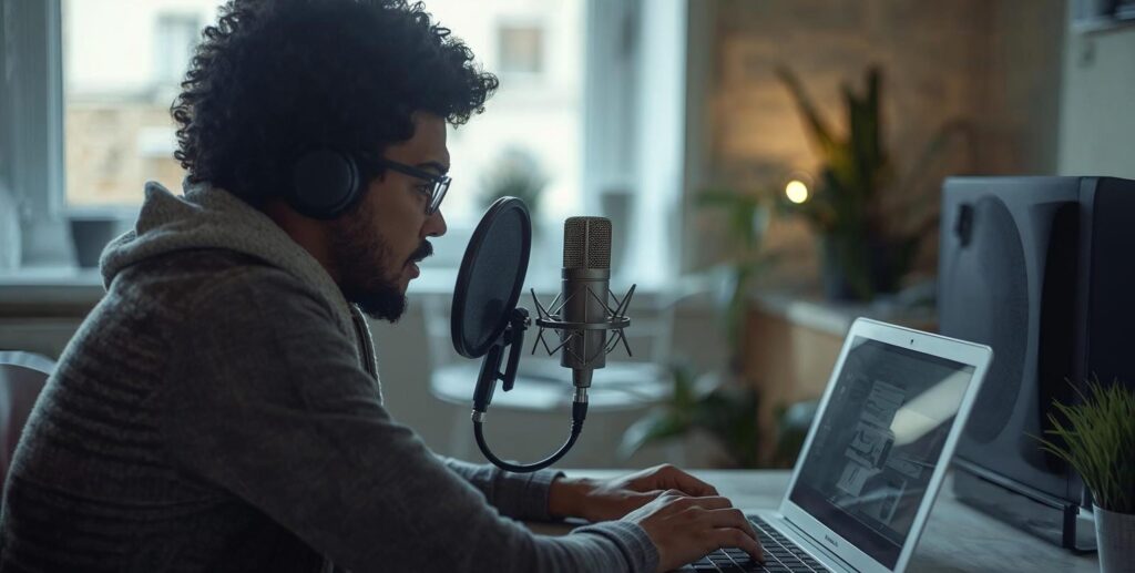 Content creator using AI voice generator to record professional voiceovers on laptop