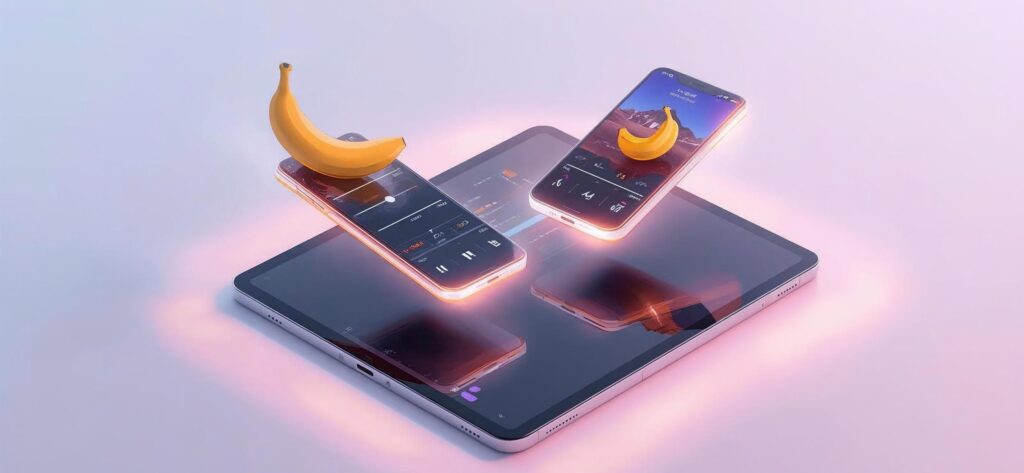 Nano Banana AI key features displayed on smartphone and tablet interface