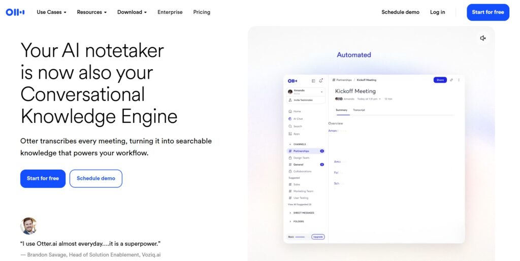 Otter.ai dashboard showing AI tools for meeting productivity with live transcription, speaker identification, and automatic summary features for Zoom and Teams meetings